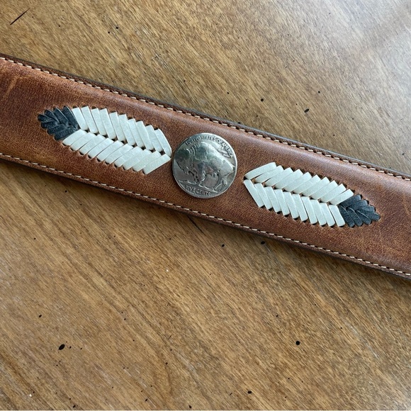 Vintage Buffalo & Indian Head Coin Concho Western Gray & Brown Leather Belt 34" - Picture 7 of 14